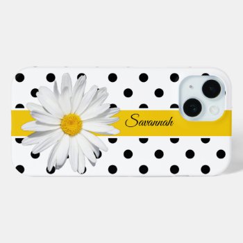 Black And White Polka Dots  Daisy Iphone 15 Case by NiteOwlStudio at Zazzle
