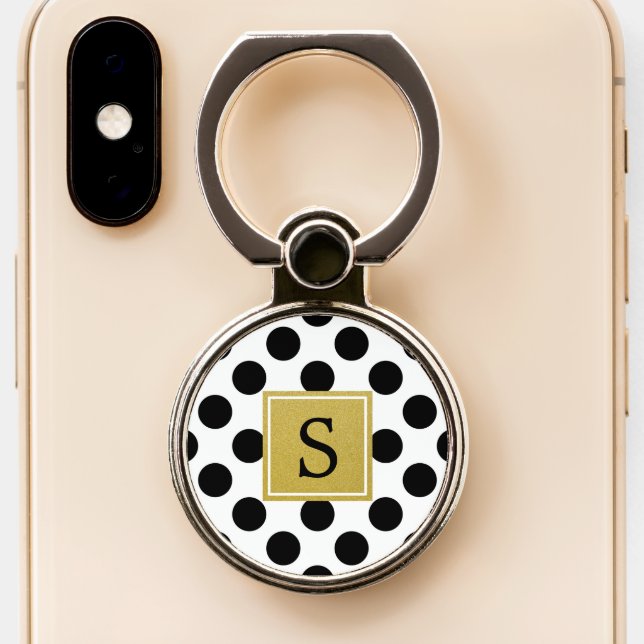 Black and White Polka Dots, Dotted, Monogram Phone Ring Stand (Close Up)