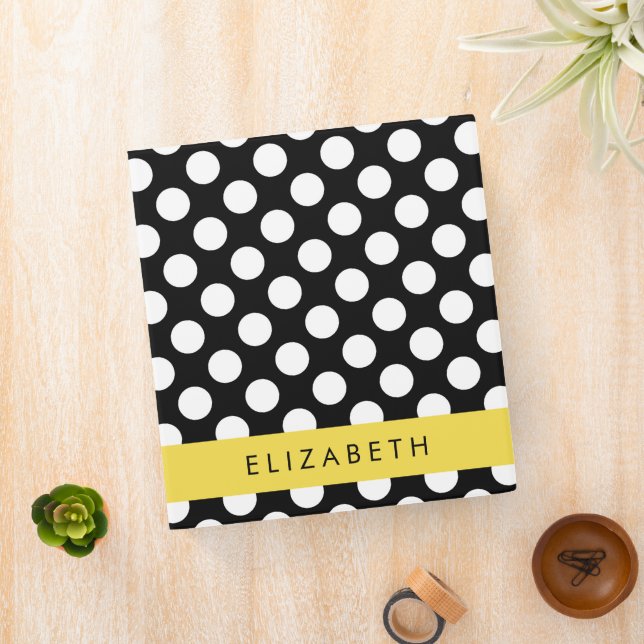 Black and White Polka Dots, Dotted, Your Name 3 Ring Binder (In Situ)