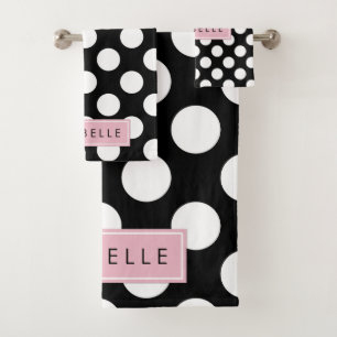 Black and White Polka Dots, Dotted, Your Name Bath Towel Set