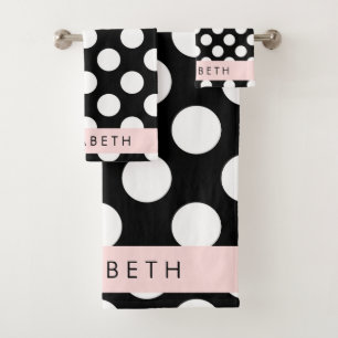Black and White Polka Dots, Dotted, Your Name Bath Towel Set