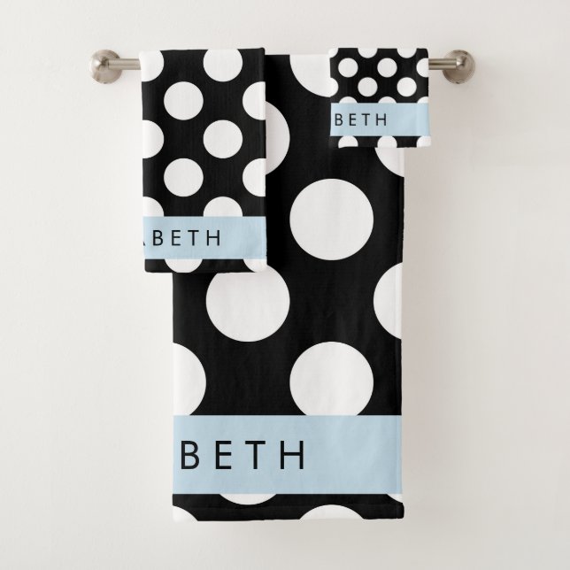 Black and White Polka Dots, Dotted, Your Name Bath Towel Set (Insitu)