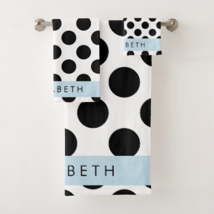 Black and White Polka Dots, Dotted, Your Name Bath Towel Set