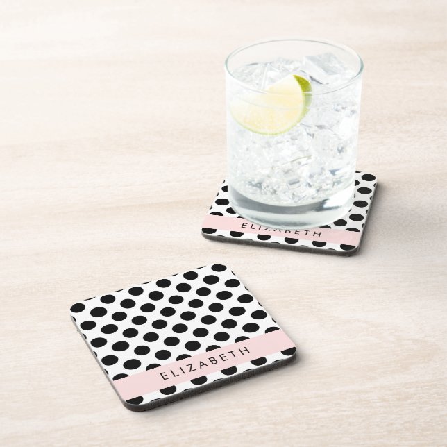Black and White Polka Dots, Dotted, Your Name Beverage Coaster (Right Side)