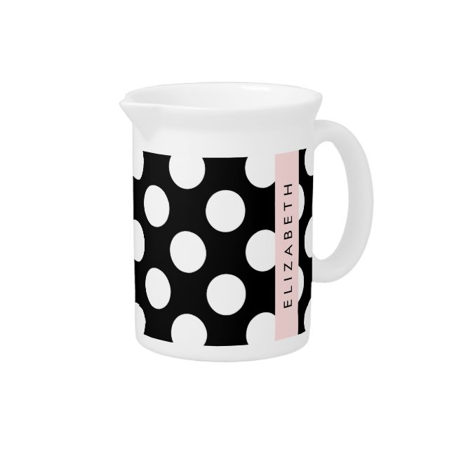 Black and White Polka Dots, Dotted, Your Name Beverage Pitcher (Right)