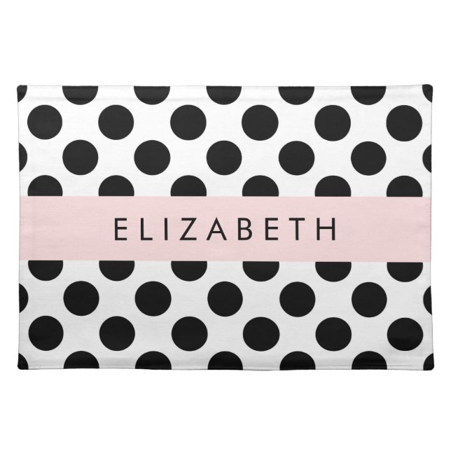 Black and White Polka Dots, Dotted, Your Name Cloth Placemat (Front)