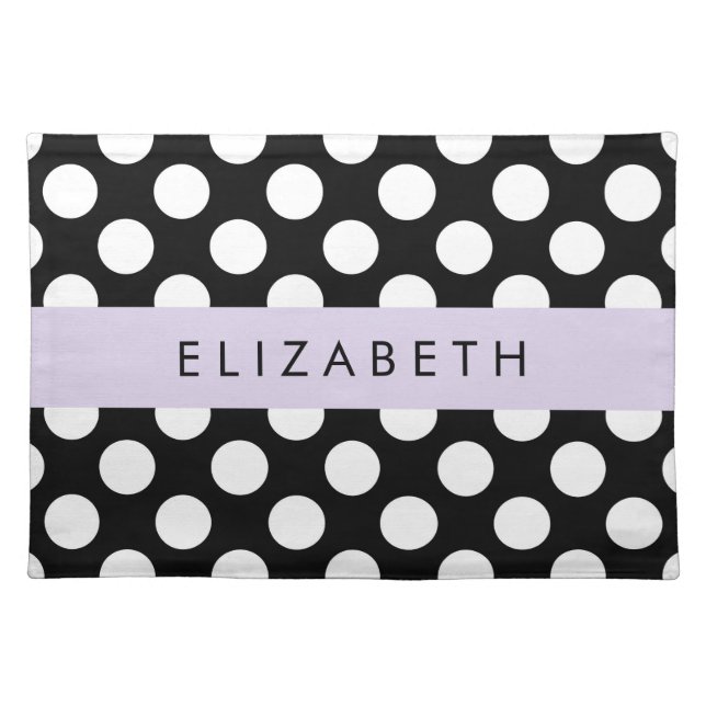 Black and White Polka Dots, Dotted, Your Name Cloth Placemat (Front)
