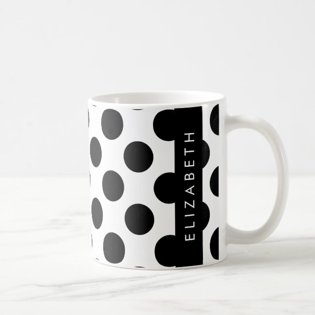 Black and White Polka Dots, Dotted, Your Name Coffee Mug (Right)