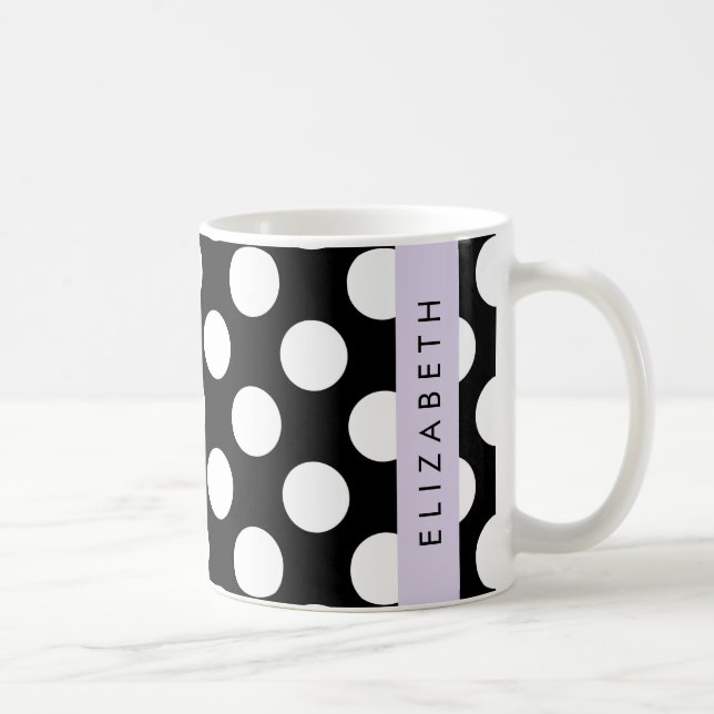 Black and White Polka Dots, Dotted, Your Name Coffee Mug (Right)