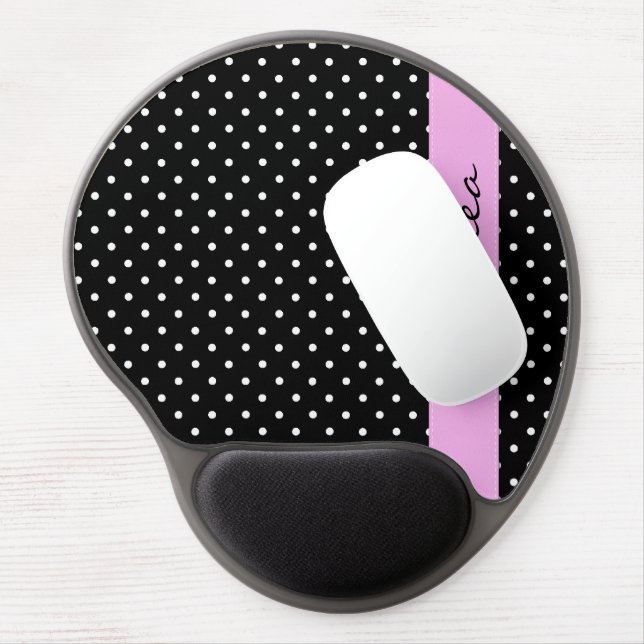 Black and White Polka Dots, Dotted, Your Name Gel Mouse Pad (Left Side)
