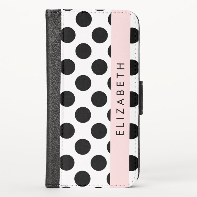 Black and White Polka Dots, Dotted, Your Name iPhone Wallet Case (Front)