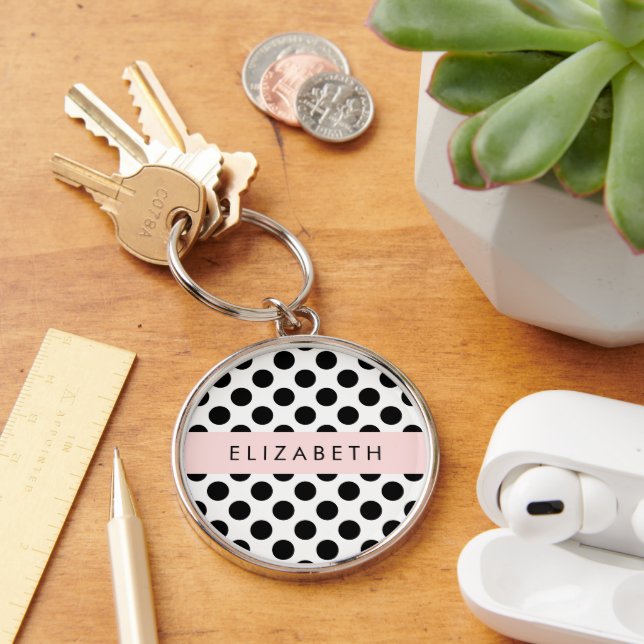 Black and White Polka Dots, Dotted, Your Name Keychain (Desk)