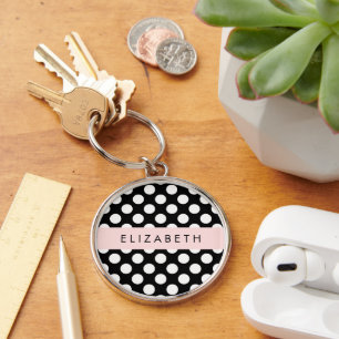 Black and White Polka Dots, Dotted, Your Name Keychain