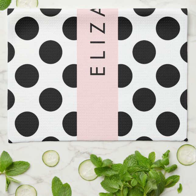 Black and White Polka Dots, Dotted, Your Name Kitchen Towel (Folded)