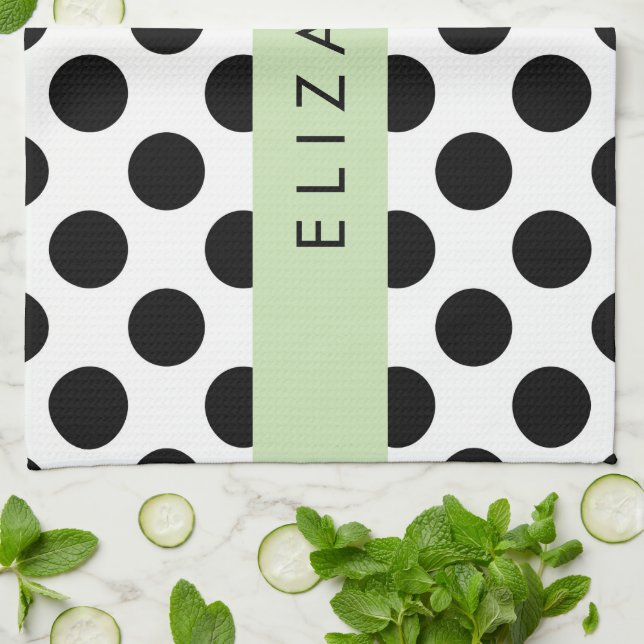 Black and White Polka Dots, Dotted, Your Name Kitchen Towel (Folded)
