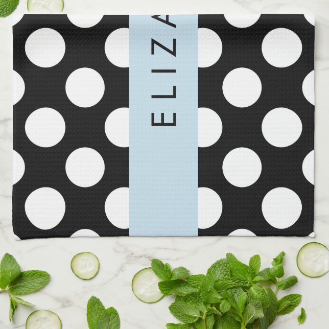 Black and White Polka Dots, Dotted, Your Name Kitchen Towel (Folded)