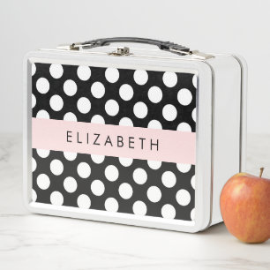 Black and White Polka Dots, Dotted, Your Name Metal Lunch Box