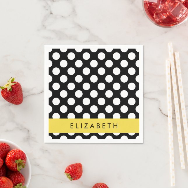 Black and White Polka Dots, Dotted, Your Name Napkins (Insitu)