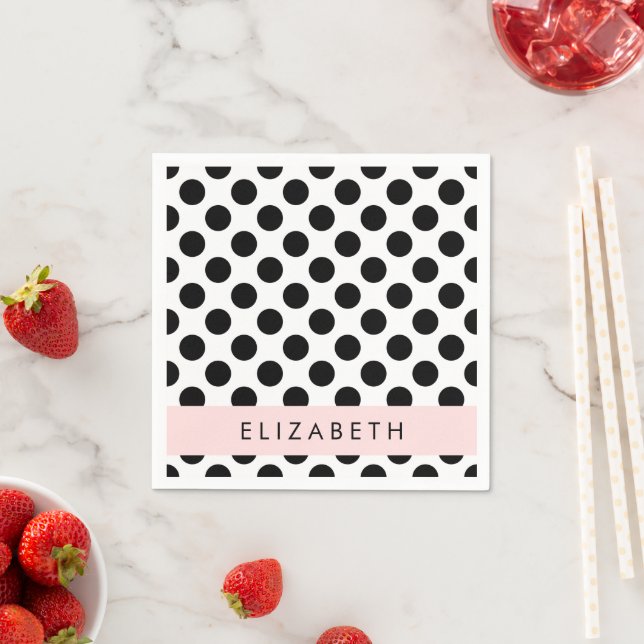 Black and White Polka Dots, Dotted, Your Name Napkins (Insitu)