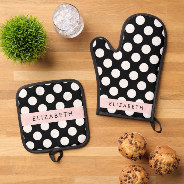 Black and White Polka Dots, Dotted, Your Name Oven Mitt & Pot Holder Set (Top Down)