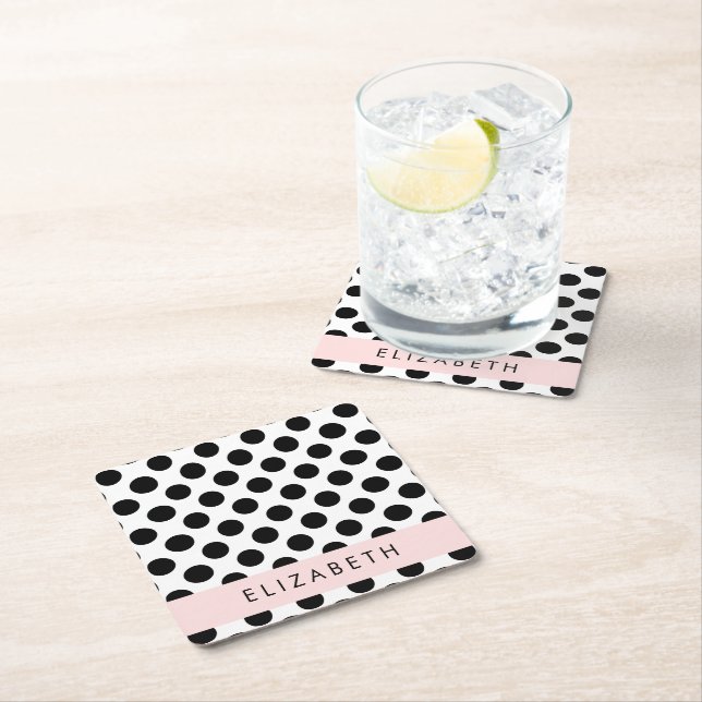 Black and White Polka Dots, Dotted, Your Name Square Paper Coaster (Insitu)