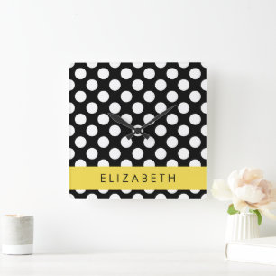 Black and White Polka Dots, Dotted, Your Name Square Wall Clock