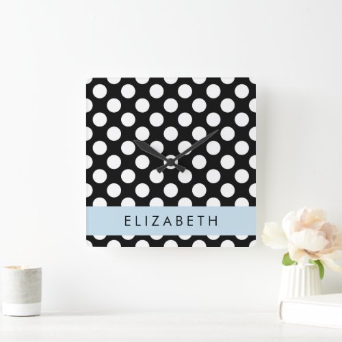 Black and White Polka Dots Dotted Your Name Square Wall Clock