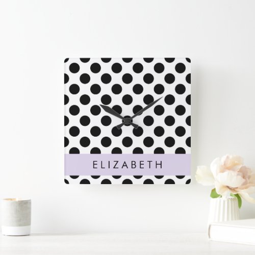 Black and White Polka Dots Dotted Your Name Square Wall Clock