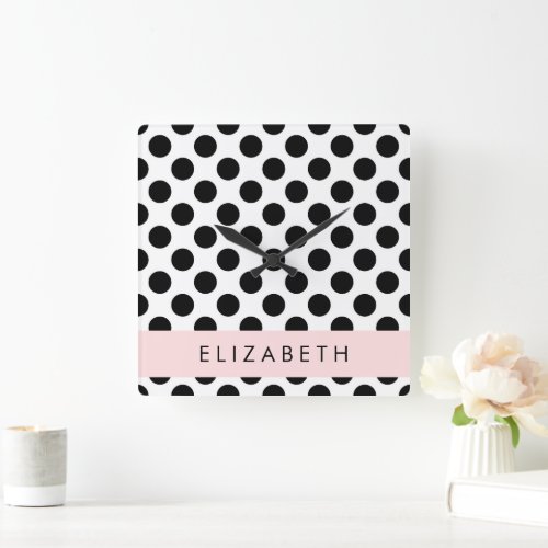 Black and White Polka Dots Dotted Your Name Square Wall Clock