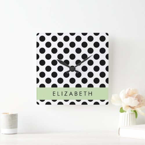 Black and White Polka Dots Dotted Your Name Square Wall Clock