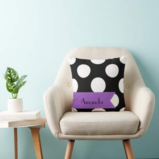 Black and White Polka Dots, Dotted, Your Name Throw Pillow (Chair)