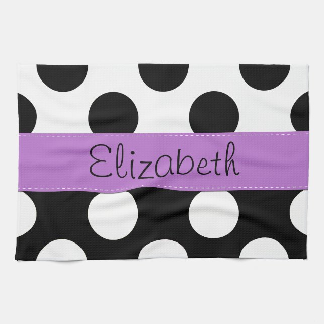 Black and White Polka Dots, Dotted, Your Name Towel (Horizontal)