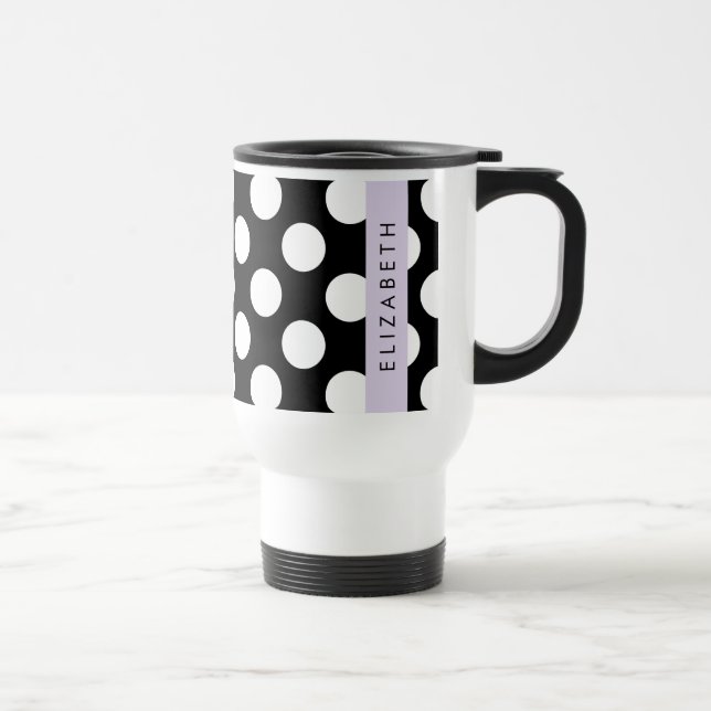 Black and White Polka Dots, Dotted, Your Name Travel Mug (Right)