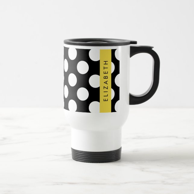 Black and White Polka Dots, Dotted, Your Name Travel Mug (Right)