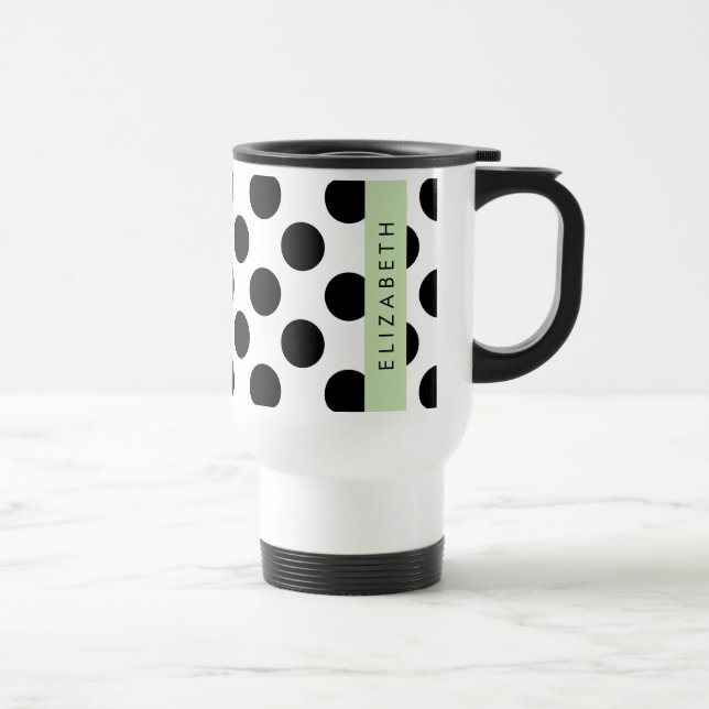 Black and White Polka Dots, Dotted, Your Name Travel Mug (Right)