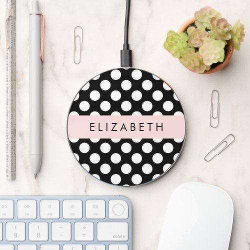 Black and White Polka Dots Dotted Your Name Wireless Charger