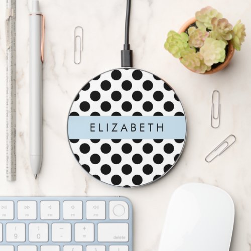 Black and White Polka Dots Dotted Your Name Wireless Charger