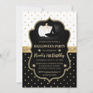 Black and White Polka Dots Halloween 21st Birthday Invitation