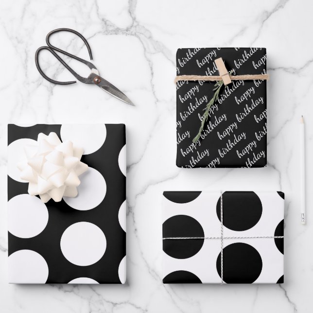 Black and White Polka Dots Happy Birthday Wrapping Paper Sheets (Front)
