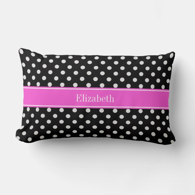 Black and White Polka Dots Hot Pink Name Monogram Lumbar Pillow (Front)