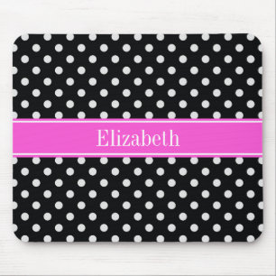 Black and White Polka Dots Hot Pink Name Monogram Mouse Pad