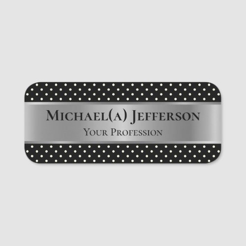 Black And White Polka Dots Luxury Metallic Silver Name Tag