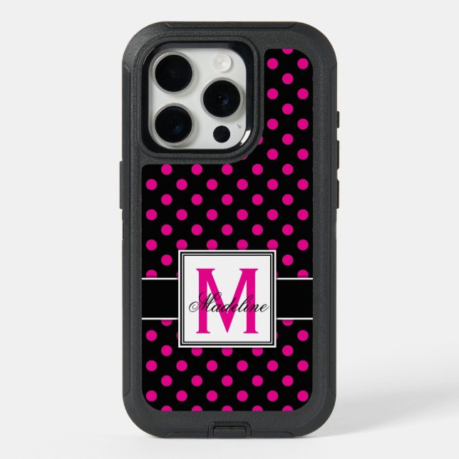 Black and White Polka Dots Monogrammed iPhone 15 Pro Case (Back)