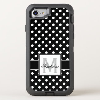 Black and White Polka Dots Monogrammed OtterBox Defender iPhone SE/8/7 Case