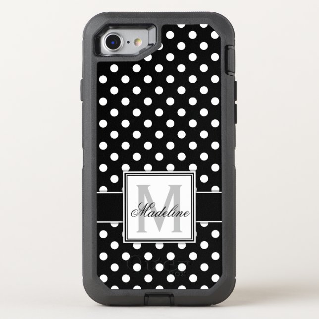 Black and White Polka Dots Monogrammed Otterbox iPhone Case (Back)