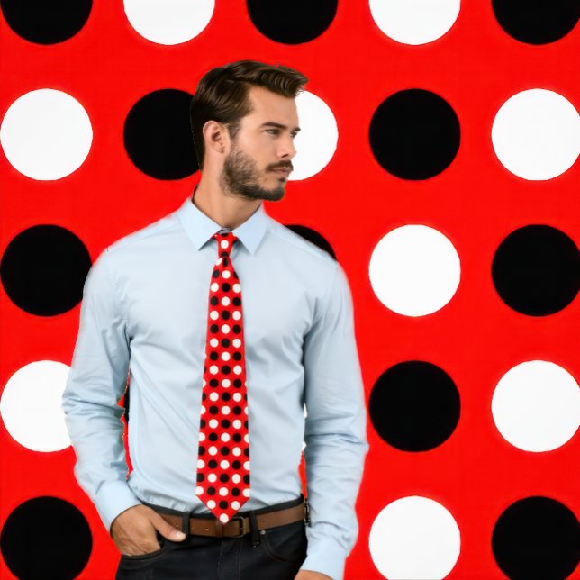 Black and White Polka Dots on Red Tie (Man wears a "Black and White Polka Dots on Red Tie."
)