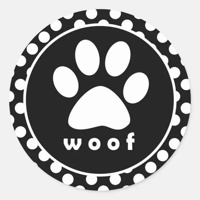 Black and White Polka Dots; Paw Print Classic Round Sticker | Zazzle