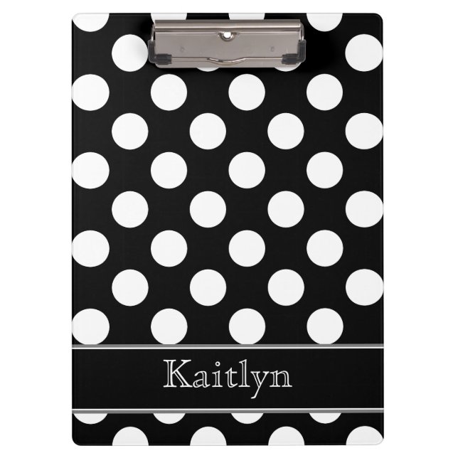 Black and White Polka Dots Personalized Clipboard (Front)