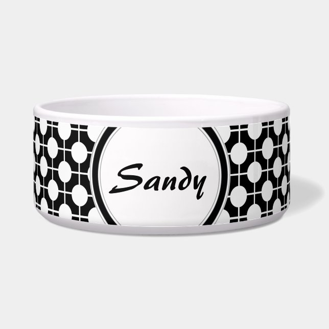 Black and White Polka Dots Personalized Pet Bowl (Front)
