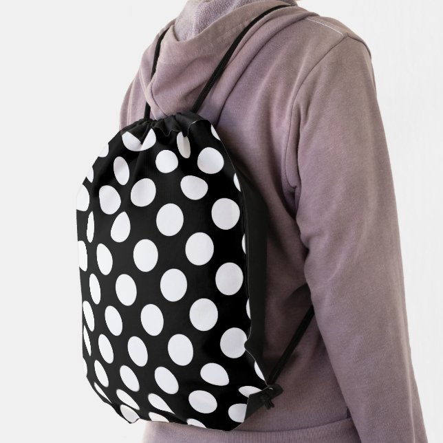 Black and White Polka Dots, Polka Dot Pattern Drawstring Bag (Insitu)